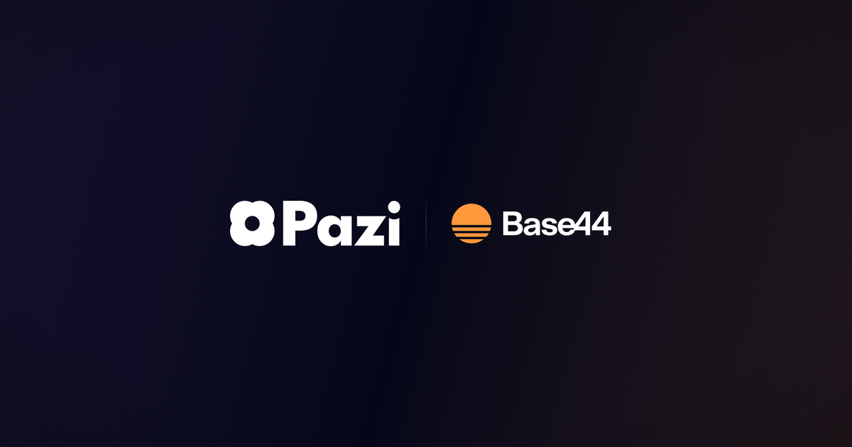 Logo-vs-logo composition, Pazi wordmark on the left, Base44 wordmark on the right, dark vignette background, thin centered divider.