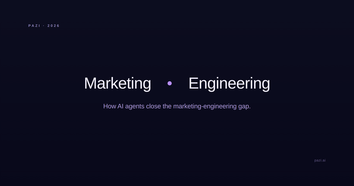 Editorial cover: the words Marketing and Engineering separated by a small purple dot, with the post title below and a Pazi wordmark.