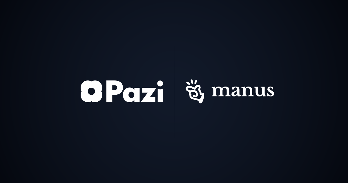 Pazi and Manus logos side by side on dark navy, no combat framing