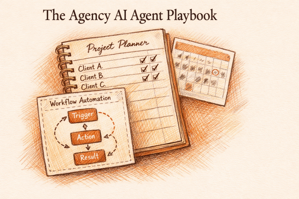 Pazi's hand-drawn editorial illustration for The Agency AI Agent Playbook showing project planner, workflow automation panel, and calendar
