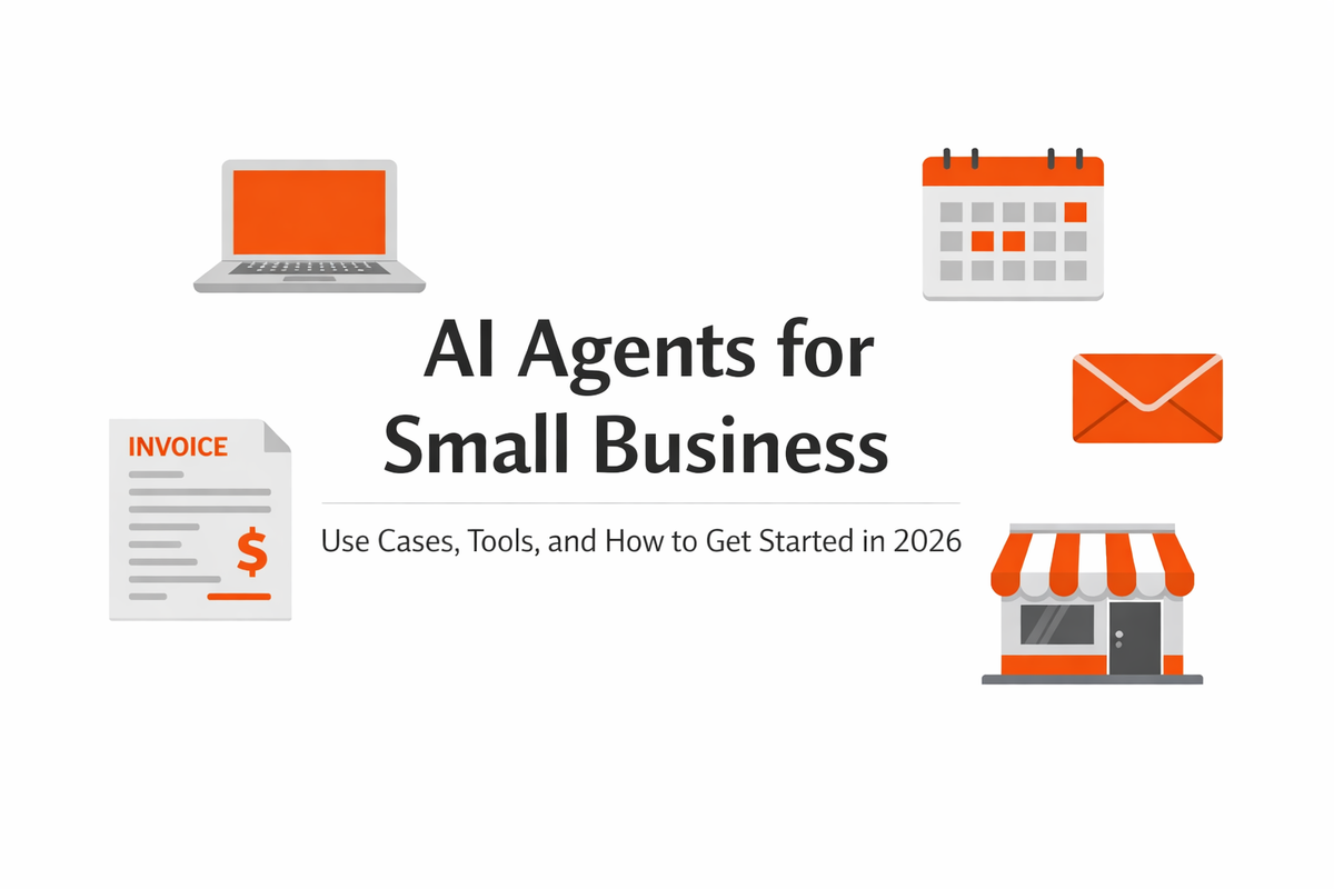 AI agents for small business — editorial illustration of workflow automation icons including calendar, invoice, and customer service on white background
