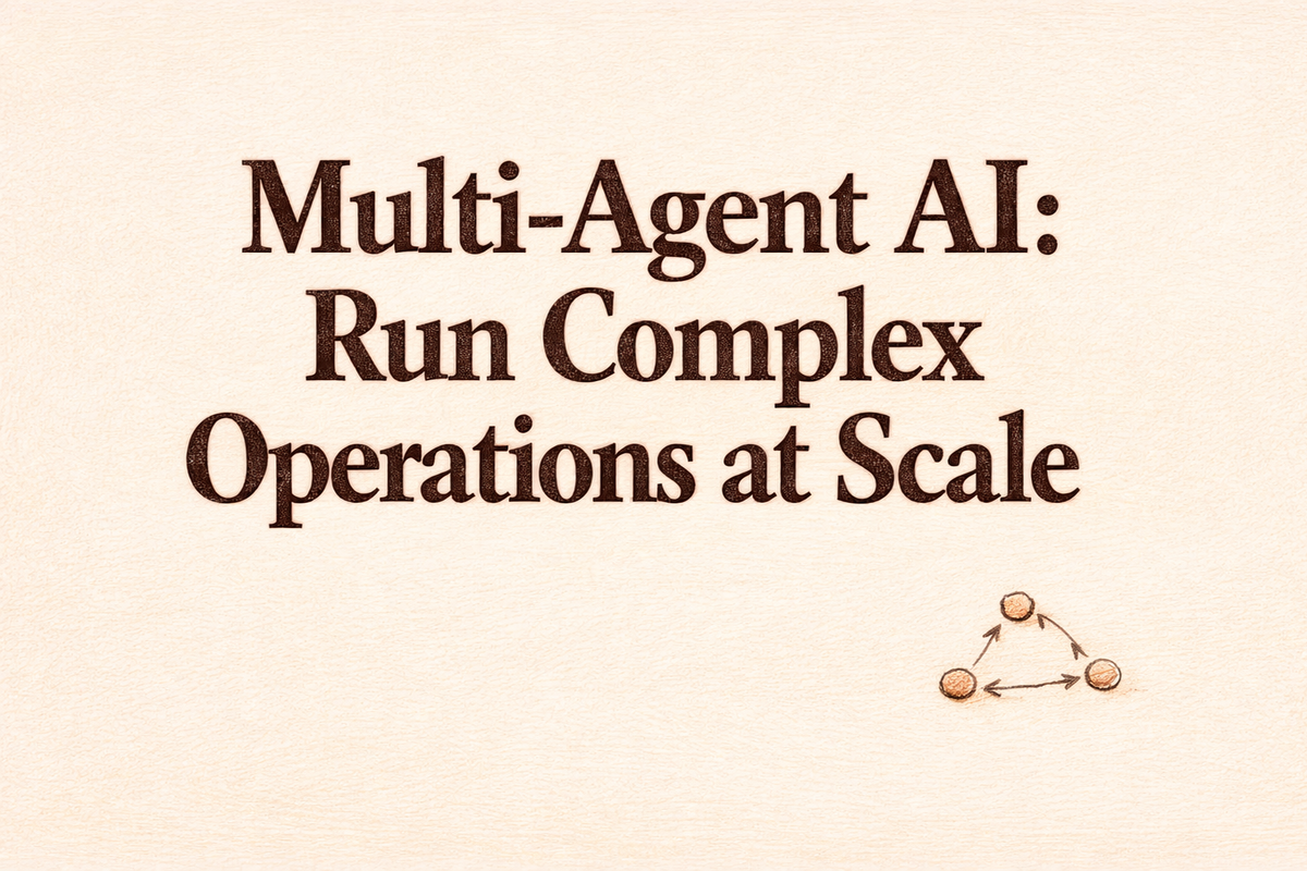 Editorial illustration of a multi-agent AI system showing three coordinated agents connected to an orchestrator