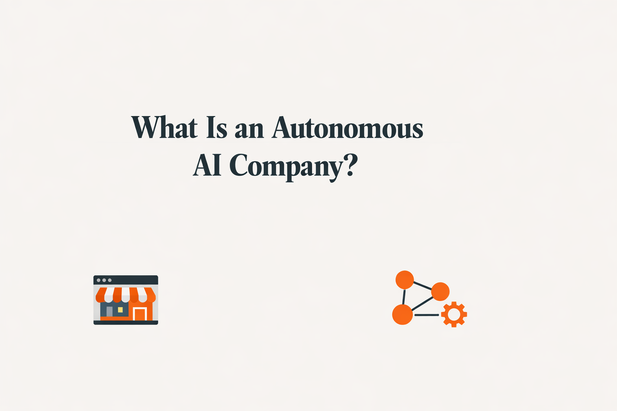 Flat-vector hero for "What Is an Autonomous AI Company? A 2026 Definition" with a storefront icon and an AI agent-node cluster with a gear in Pazi orange on an off-white background.