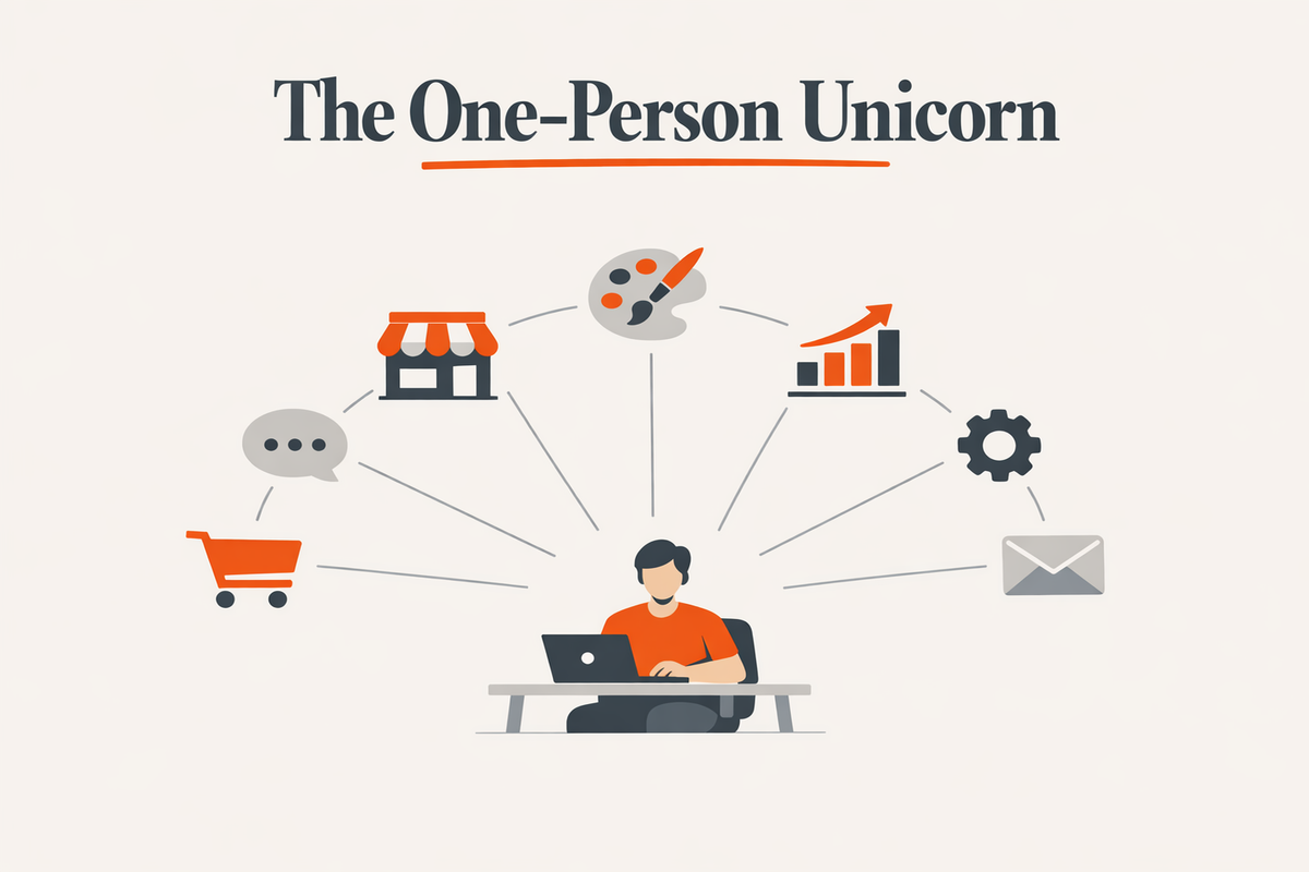 Pazi flat-vector illustration of a single founder at a desk wired to a ring of AI agent nodes running a storefront, brand, ad