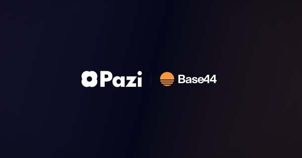 Logo-vs-logo composition, Pazi wordmark on the left, Base44 wordmark on the right, dark vignette background, thin centered divider.