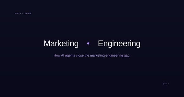 Editorial cover: the words Marketing and Engineering separated by a small purple dot, with the post title below and a Pazi wordmark.