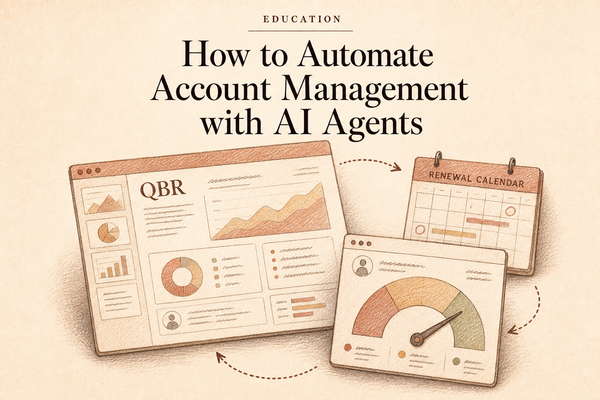 Editorial illustration showing account health gauge, renewal calendar, and QBR slides connected by an AI agent thread