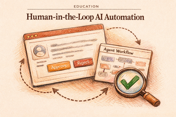 Hand-drawn editorial illustration for Human-in-the-Loop AI Automation — Education