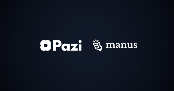 Pazi and Manus logos side by side on dark navy, no combat framing