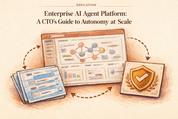 Pazi's enterprise AI agent platform CTO guide — editorial illustration of a control panel with overlapping agent windows