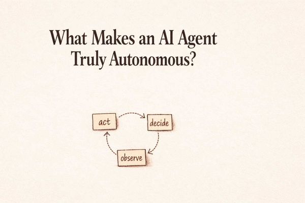 Pazi's editorial illustration for What Makes an AI Agent Truly Autonomous, with a hand-drawn agentic loop diagram
