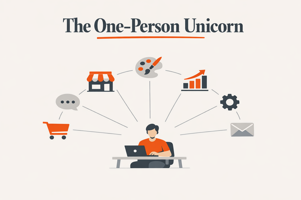 Pazi flat-vector illustration of a single founder at a desk wired to a ring of AI agent nodes running a storefront, brand, ad