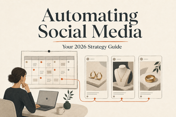 Illustration of a jewelry business owner planning social posts with a content calendar.