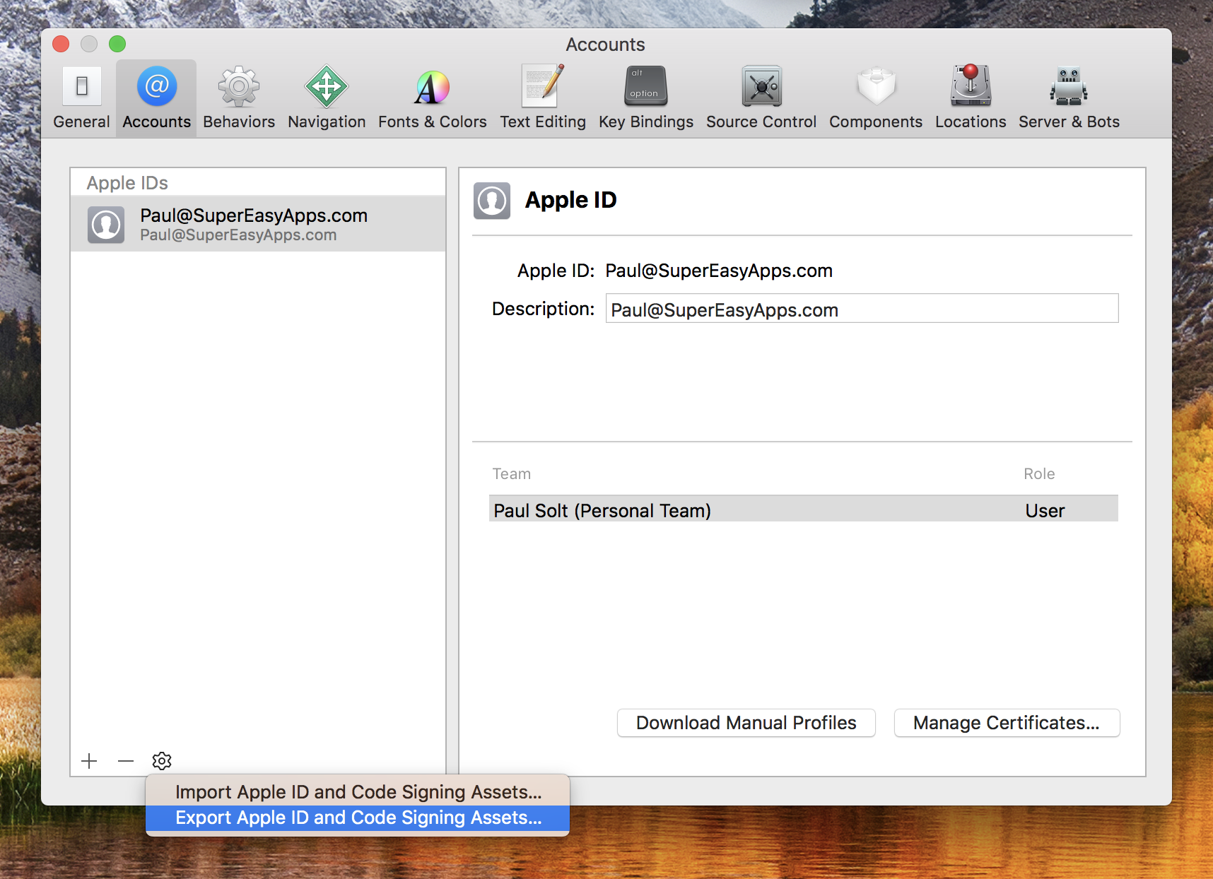 Export Apple ID and Code Signing Assets...