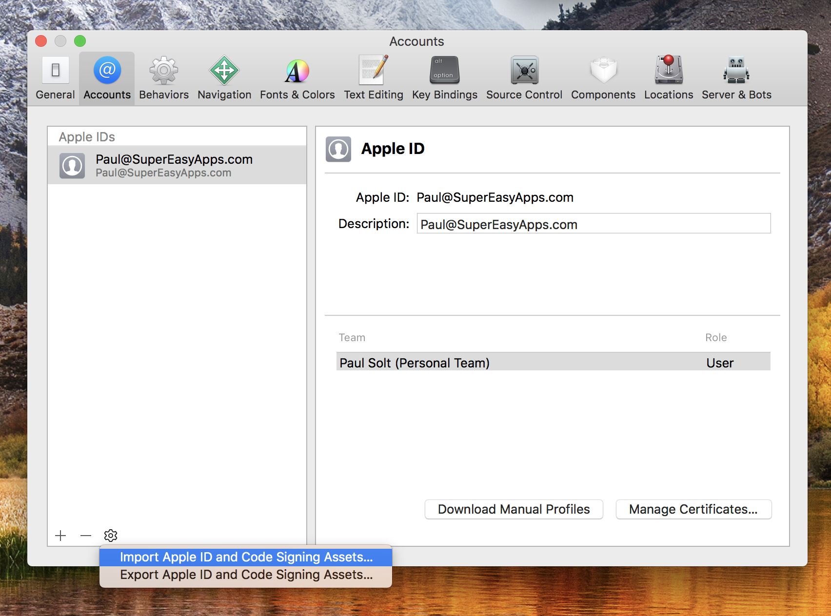 Import Apple ID and Code Signing Assets...