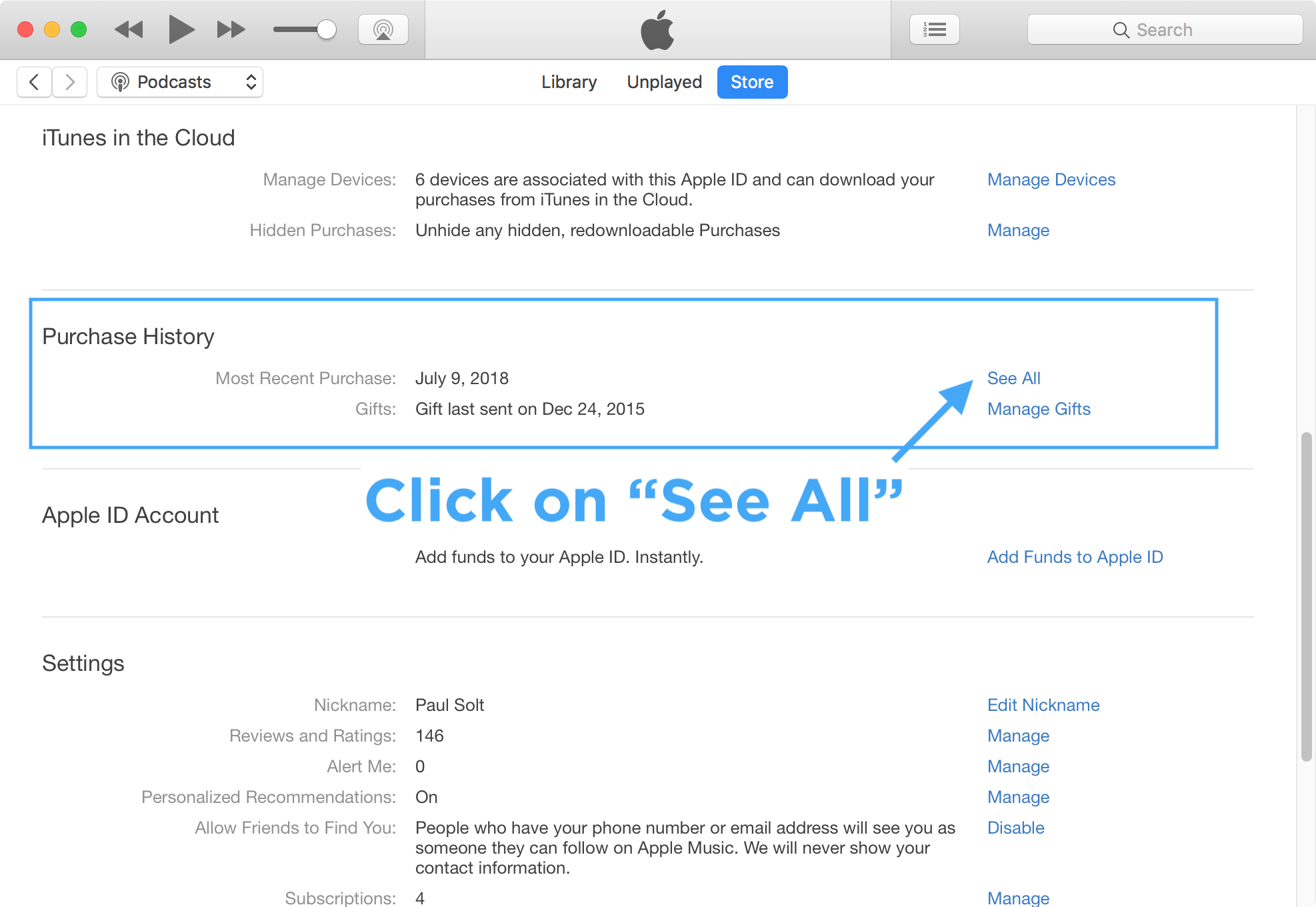 Scroll to your iTunes Purchase History