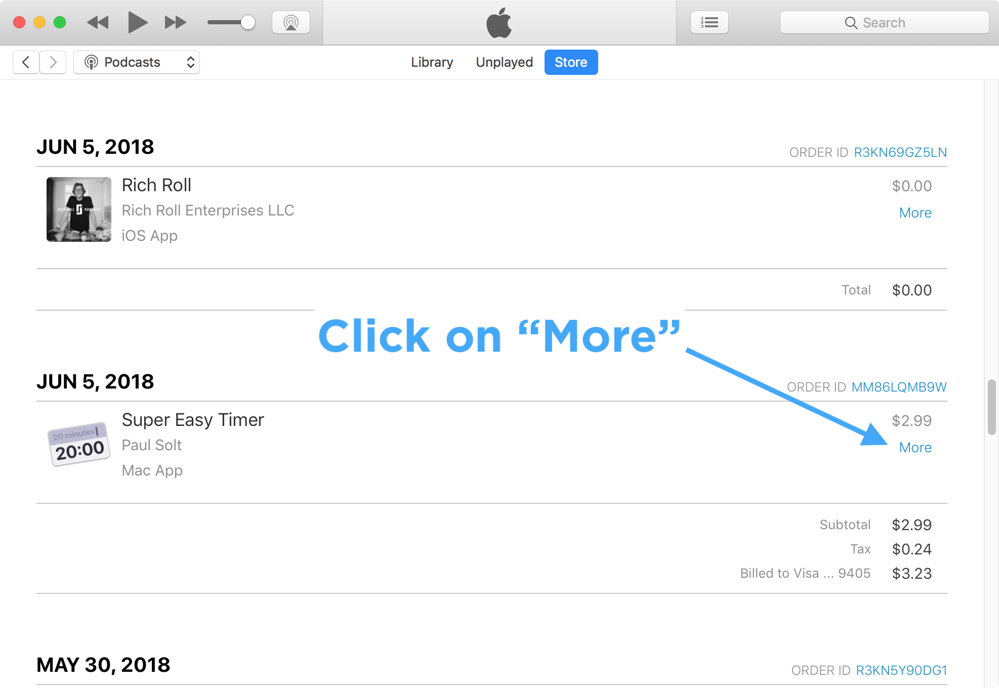Click on More to see Refund Button