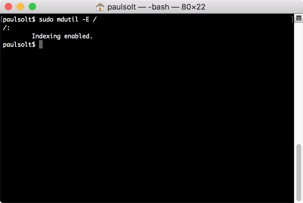 Reindex spotlight on Mac using Terminal Successful