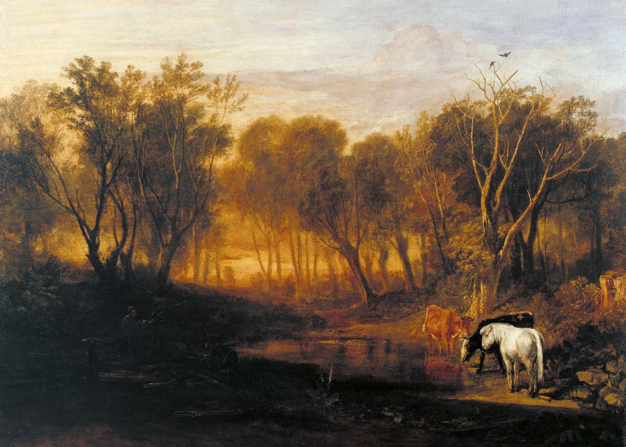 Sunlit landscape with a wooded area and a calm stream. Two cows and a horse drink from the water. A fisherman sits quietly on the left.