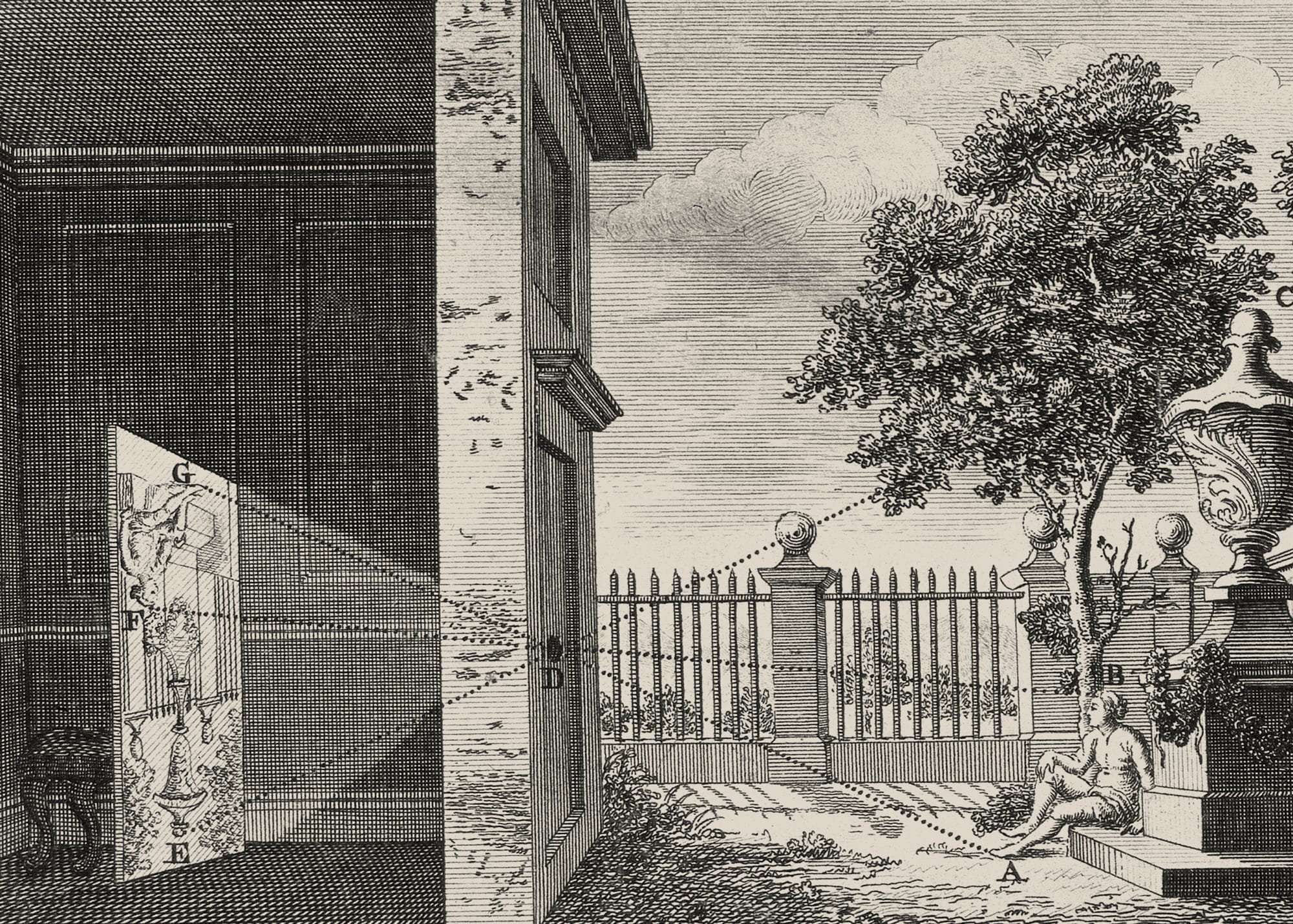 Engraving of a camera obscura with a person sitting by a tree near a decorative urn. Light streams through a doorway, casting intricate shadows inside.