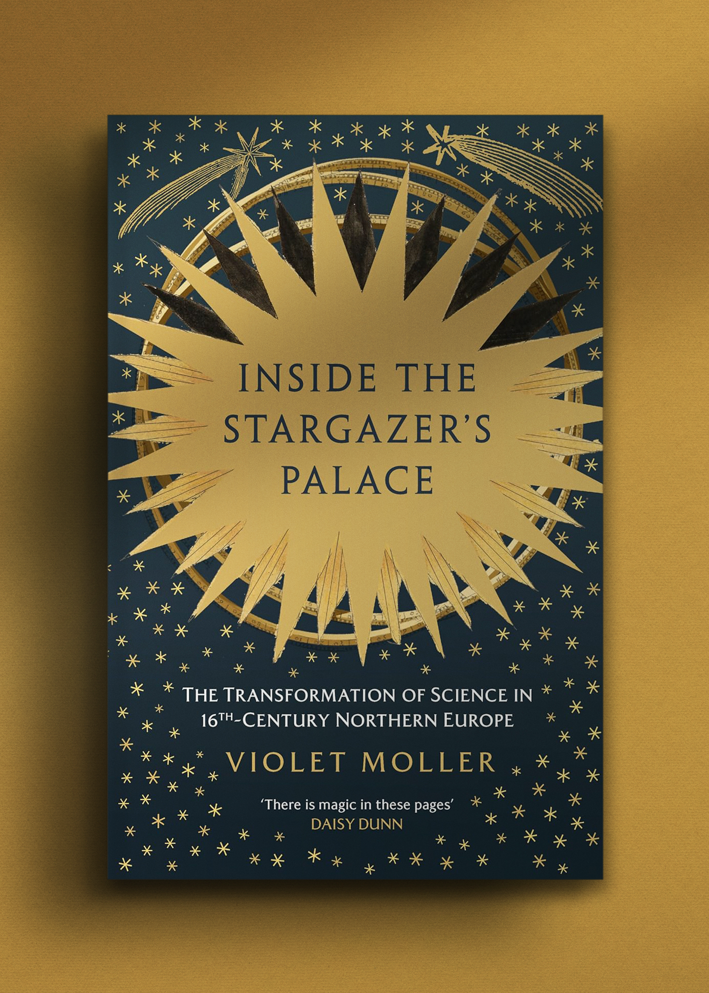 Book cover for "Inside the Stargazer's Palace" by Violet Moller on a dark blue background with gold stars and comets. 