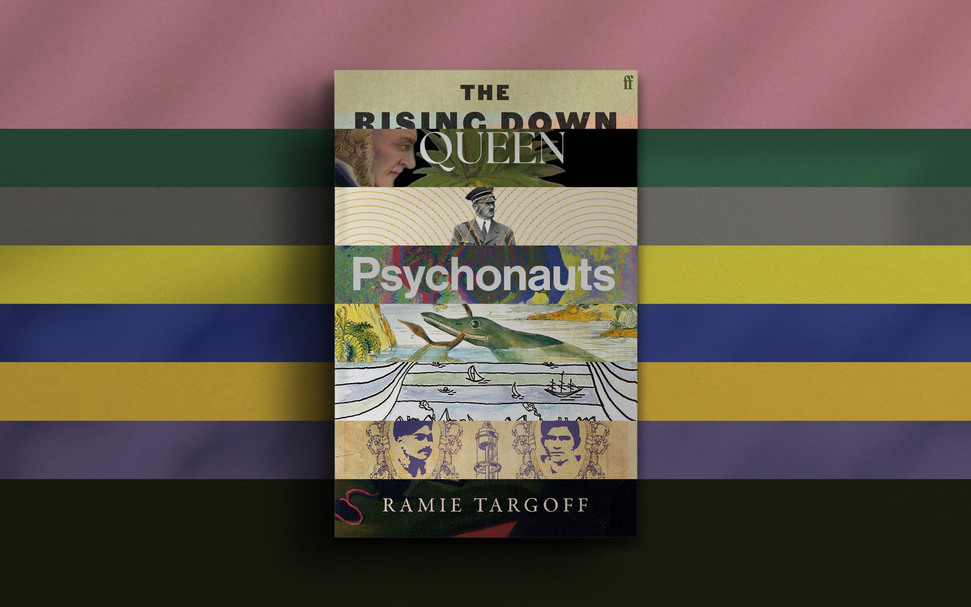A collage displaying overlapping book covers, including "Psychonauts" with a painting of a prehistoric reptile. 