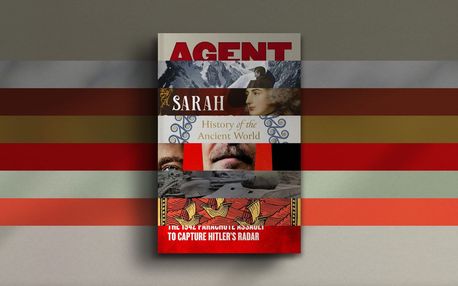 A layered book cover collage featuring the word "AGENT" in red, a portrait of Stalin, ornate patterns, and WWII tanks.