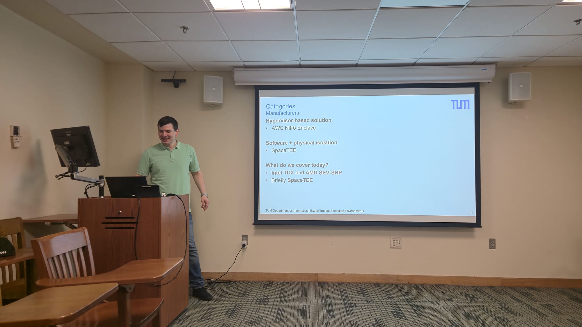 Image of Filip giving a talk on TEEs and manufacturing of satellite hardware based on his TEE research at TUM. 