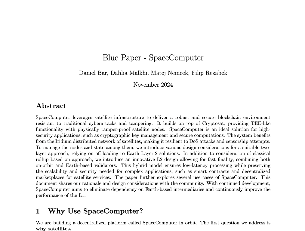 Image displaying the SpaceComputer Blue Paper, preliminary research foundation to SpaceComputer's mission and long term goal of Space Internet on small satellites in LEO.