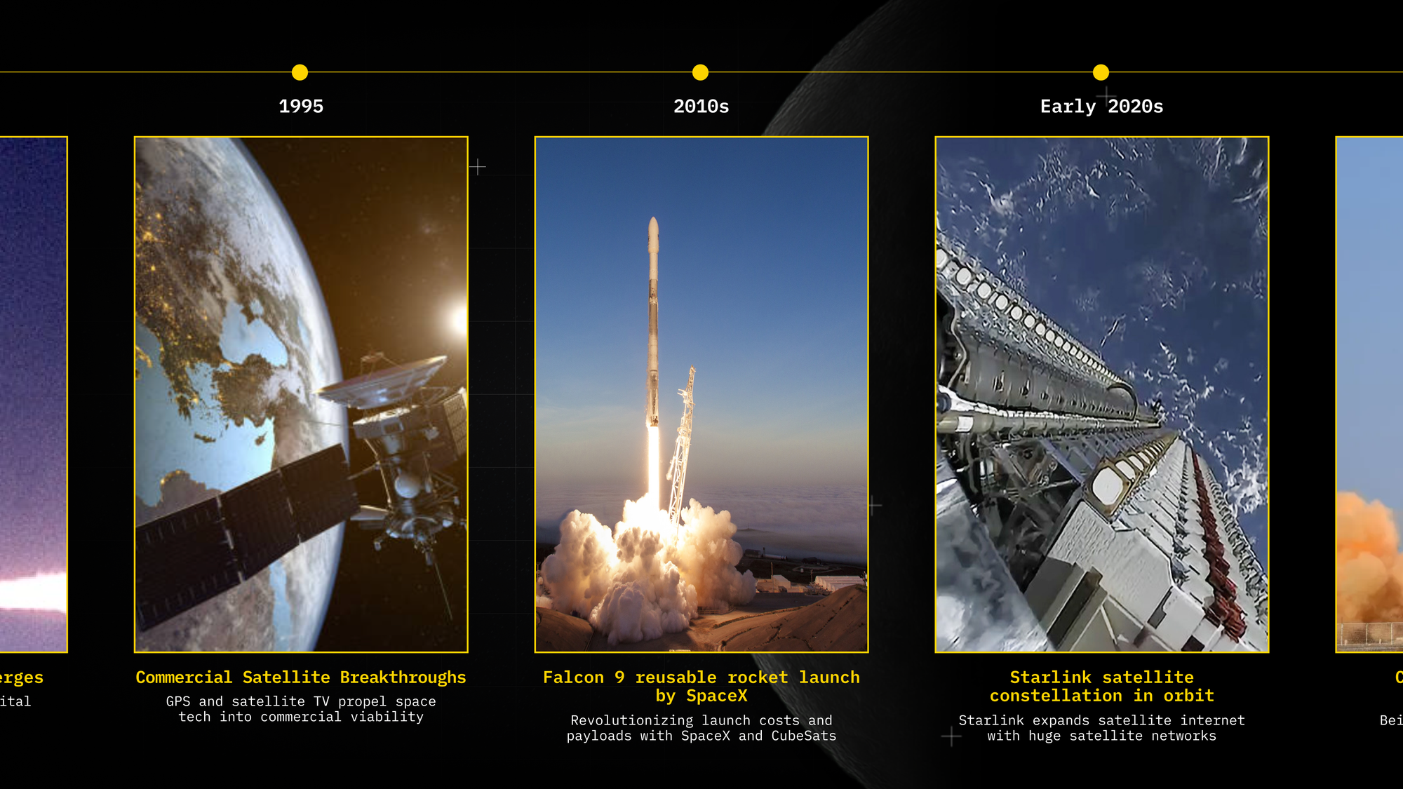 slideshow displaying commercial satellite breakthroughs, Falcon 9 reusable rocket launch, and Starlink satellite constellation in orbit.