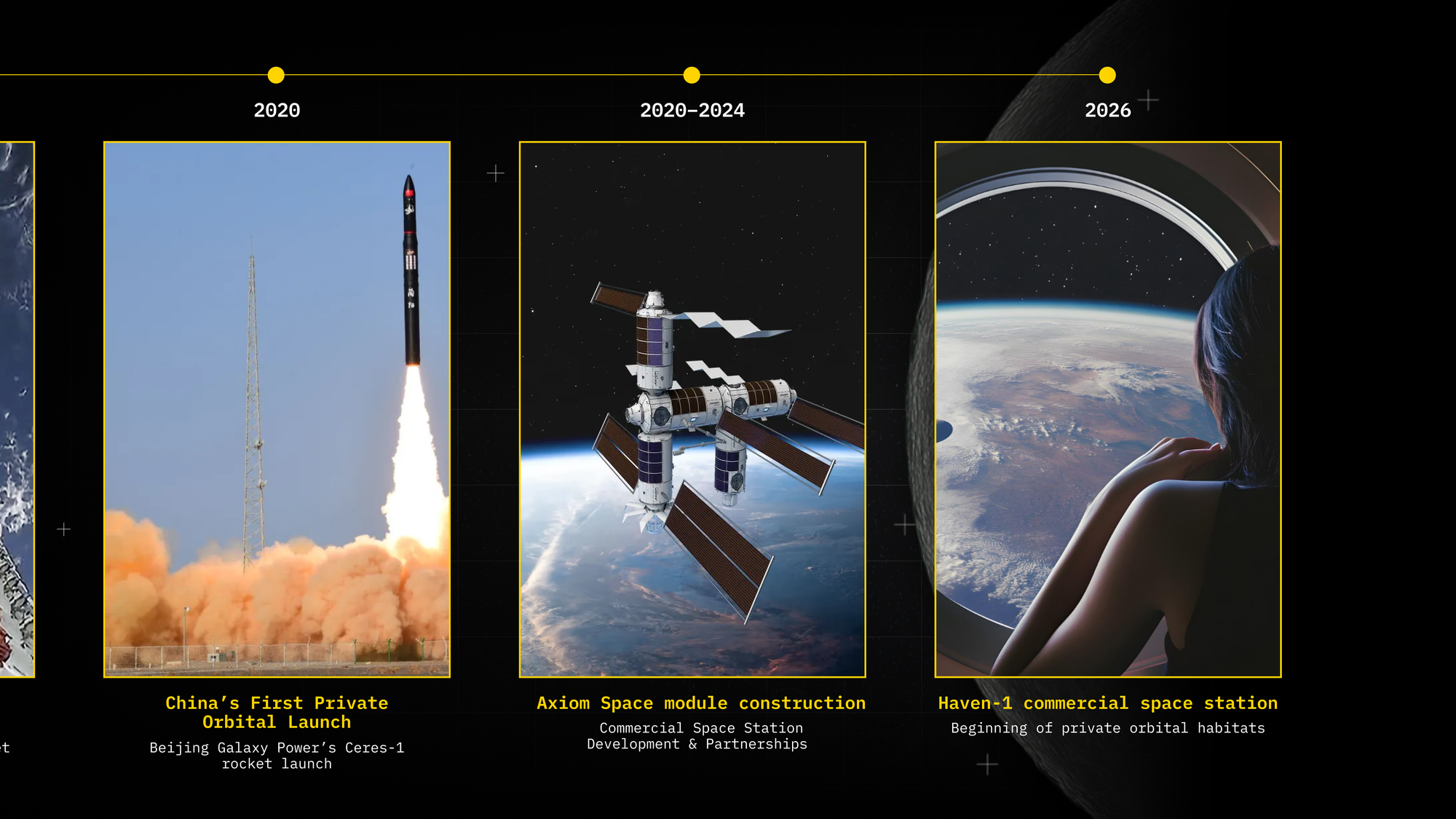 Slide displaying China's first private orbital launch, Axiom Space module construction, and Maven-1 commercial space station to come in 2026. 