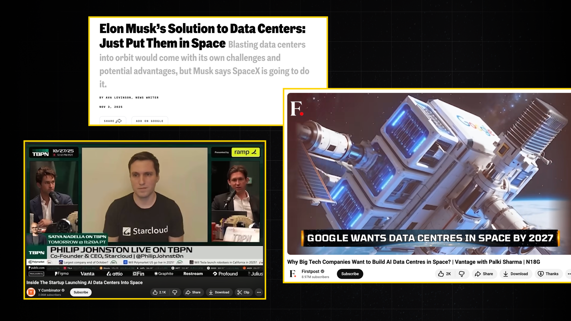 Image showing Elon Musk, Philip Johnston, and Google's Data center in space PR pieces. 