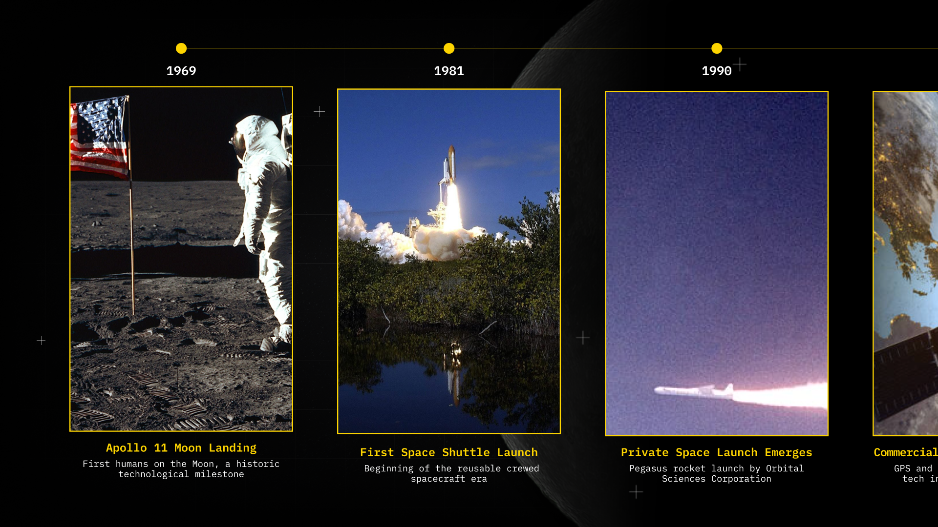 Image of slideshow displaying the Apollo 11 moon landing, first space shuttle launch, and private space launch industry emerging. 