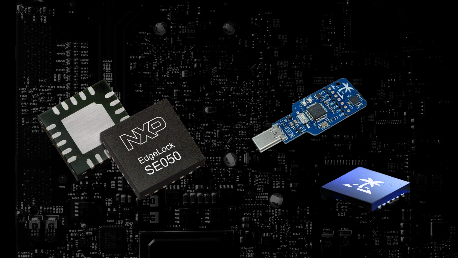 Stock images of NXP SE050 (left) and the Tropic Square TROPIC01 (right) for reference of secure elements used in Space Fabric hardware architecture