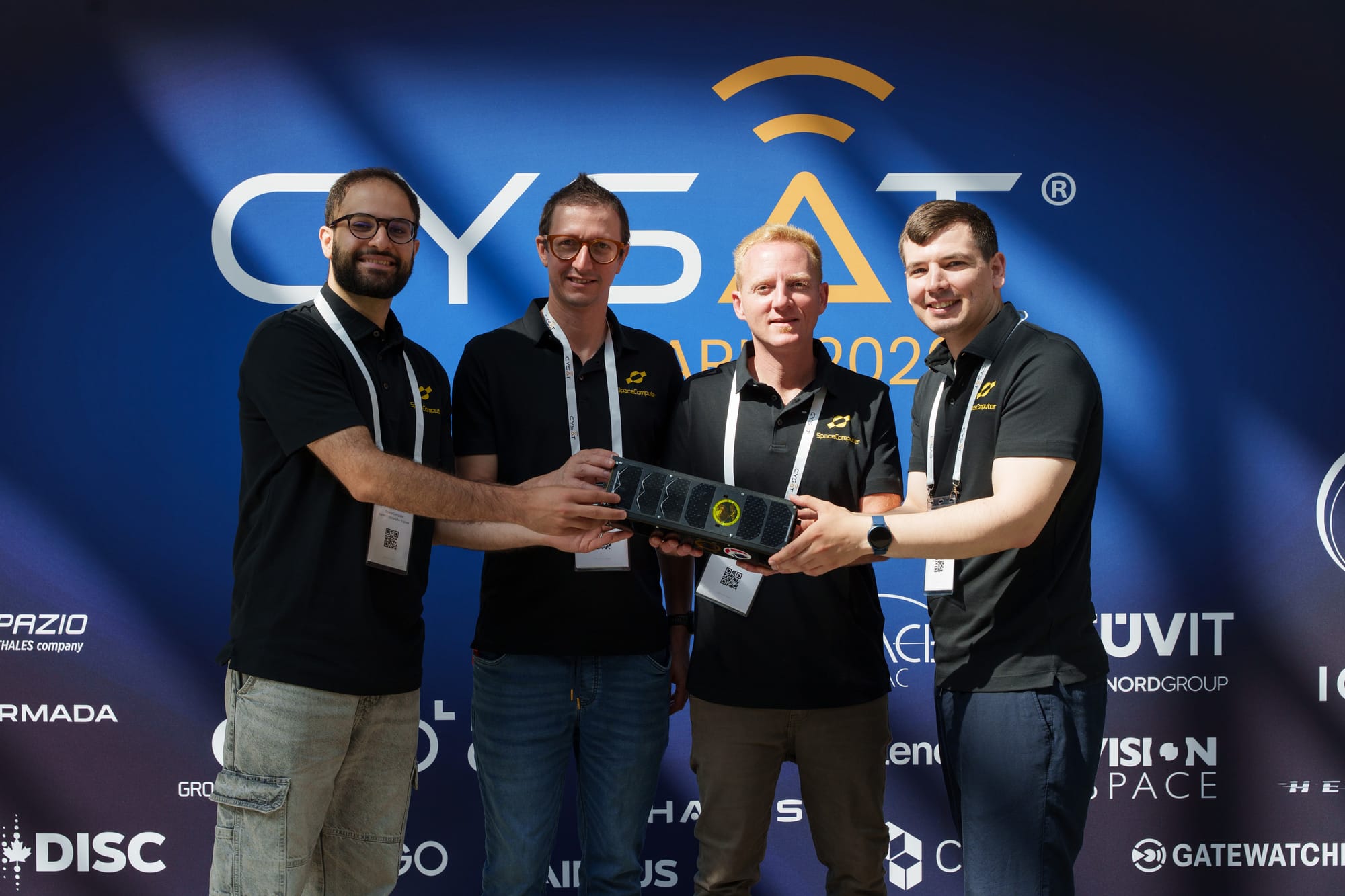 Image of the SpaceComputer team at Cysat Conference in Paris. Featured left to right: Toufic Batrics, Daniel Bar, Amir Yaholom, Filip Rezabek