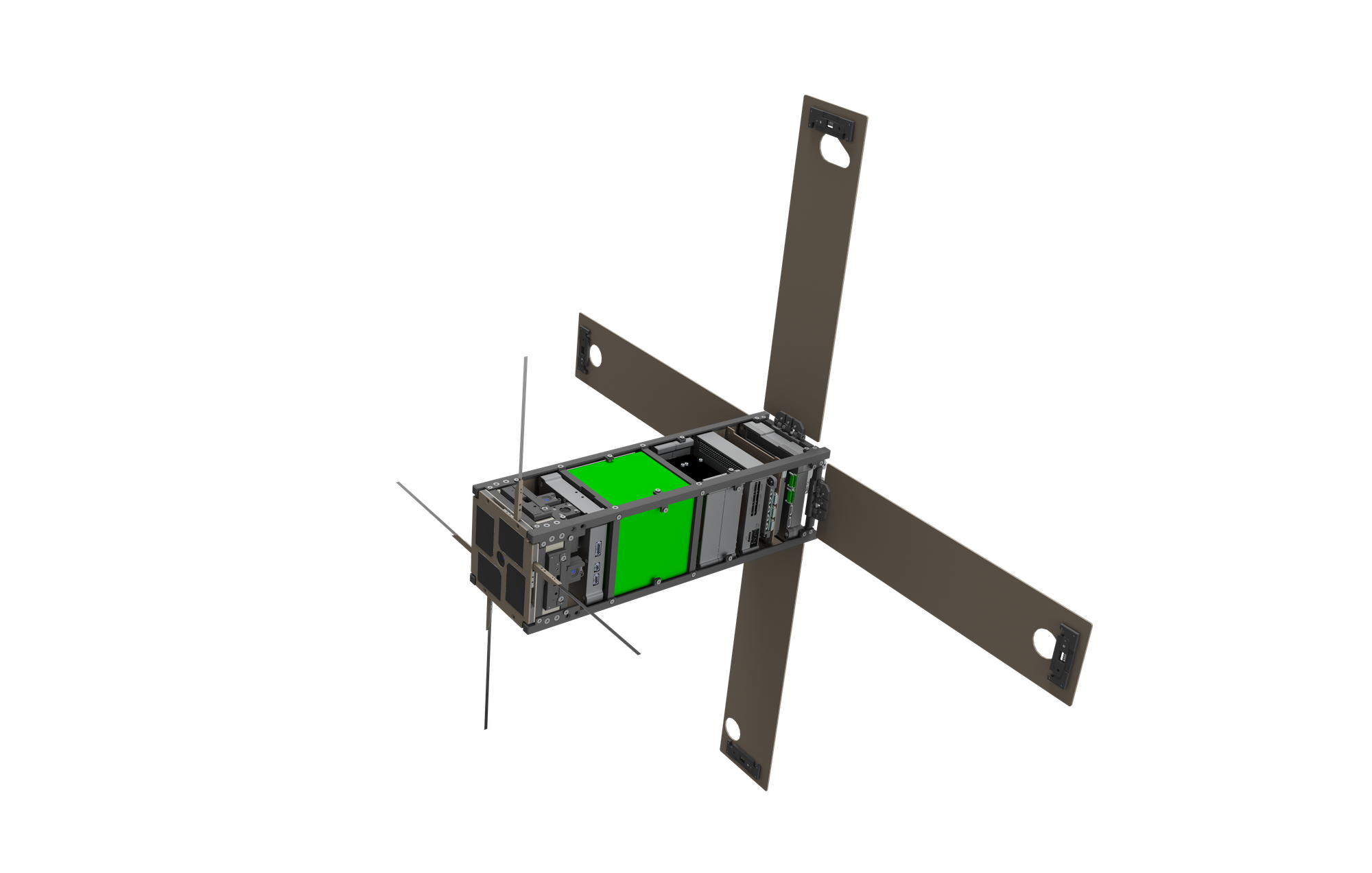 3U future satellite render of a future mission, the green section is where the Space Fabric payload will be hosted.