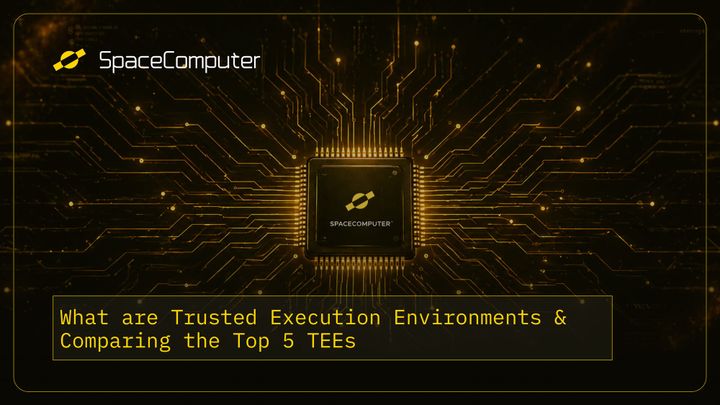 SpaceComputer processor chip with silicon-like patterns for compute around the chip representing the hardware capabilities of TEEs.