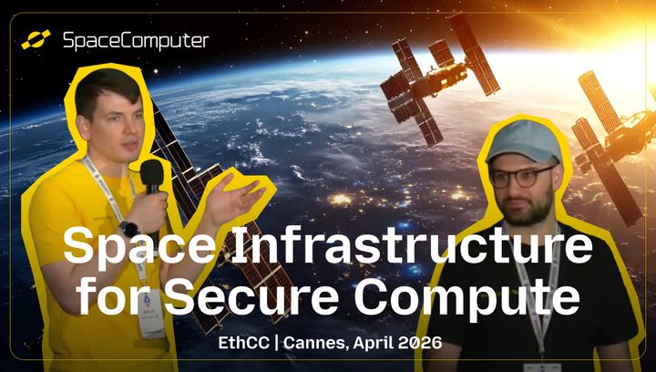 Filip Rezabek (left) and Toufic Batrice (right) with space and satellites in the background orbiting above Earth. Ethereum Community Conference in Cannes, France.