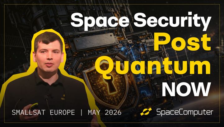 Image featuring Filip Rezabek, CTO of SpaceComputer in front of a locked satellite, with yellow and white text. 