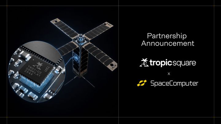 Image of a secure element computing chip zoom-in from inside a satellite, for the partnership between Tropic Square and SpaceComputer using their TROPIC01 chip.