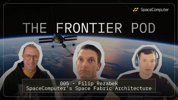 image of (right to left) Daniel Bar, Tom Mitchelhill, and Filip Rezabek in front of a spacecraft orbiting above Earth's atmosphere.