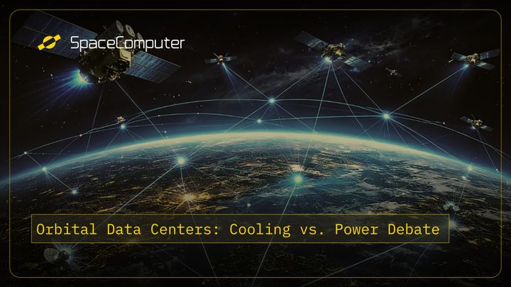 image of multiple orbital data centers orbiting above earth in space. Title reads: Orbital Data Centers: Cooling vs. Power Debate. 