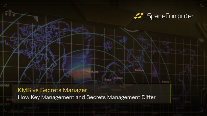 Image of a a map of the world with large cities highlighted on the screen. Title reads KMS vs Secrets Manager: How Key Management and Secrets Management Differ