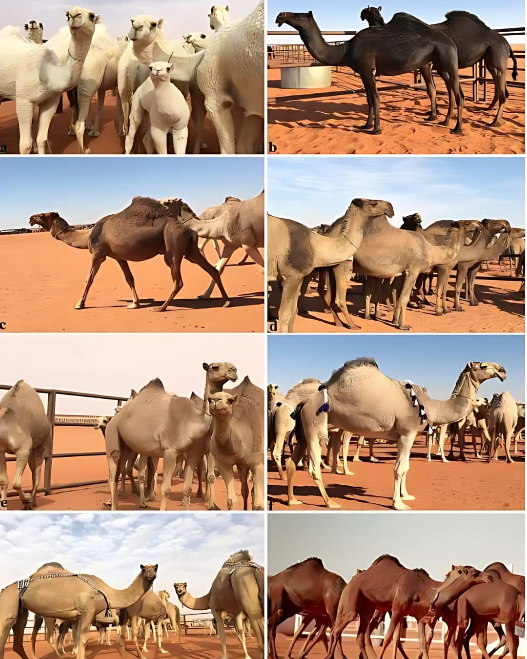 Arabian camels, each distinguished by coat color, build, and cultural role.