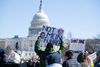 Protesters holding signs with US capitol in the background