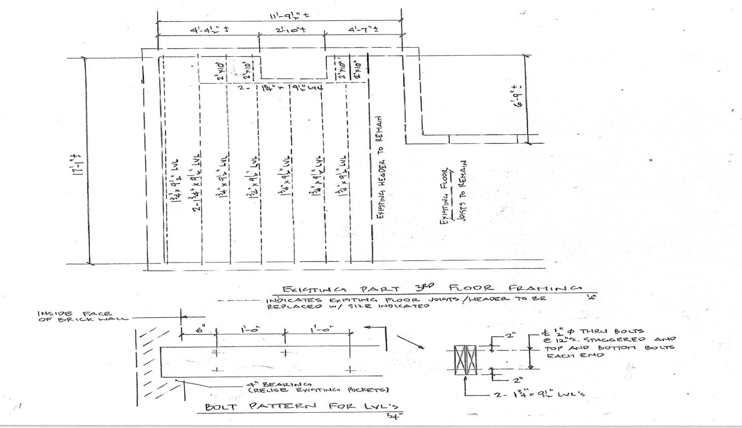 The structural engineer’s framing plan: LVL sister joists, bolt patterns, and masonry bearing pockets.