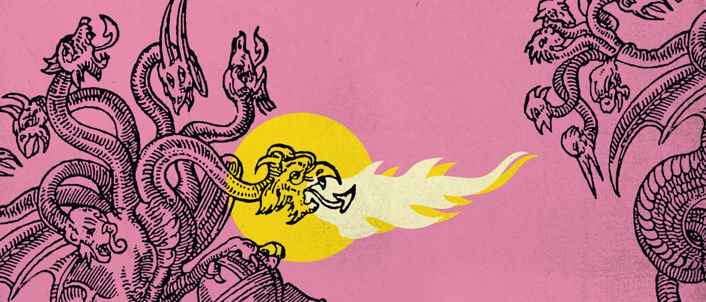 a pink and gold Hydra, breathing FIRE
