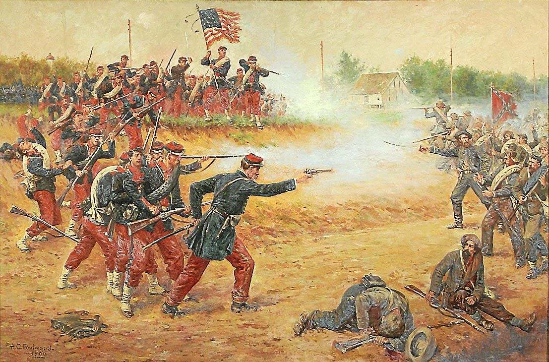 The 14th Brooklyn at the Battle of Gettysburg in 1863, tattered Union flag above a scene of battle