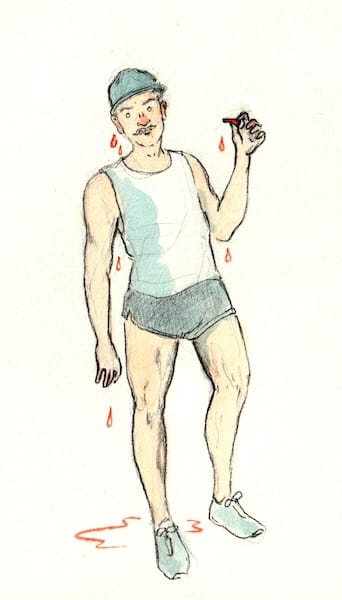 Coach Bennet, in a white singlet, blue shorts and running shoes, still holding red whistle and perspiring seductively