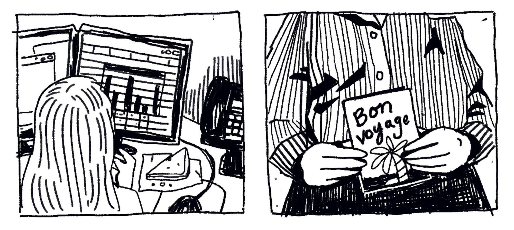 Panel illustration: Candace stares at bar charts on her computer screen while eating a sandwich. Another panel shows a person holding a pamphlet that reads: Bon Voyage.